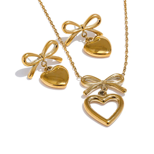 Bow knot Heart Lover Necklace Earrings Set