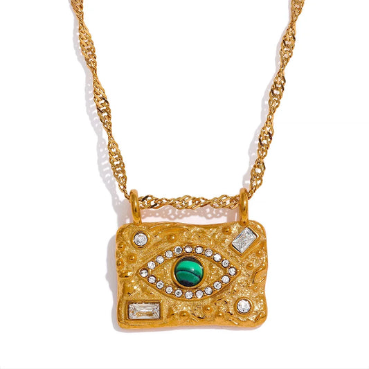 Vintage Fashion Stone Eye Bead Zircon Square Pendant Stainless Steel Luxury Necklace for Women Charm Golden Jewelry Gift