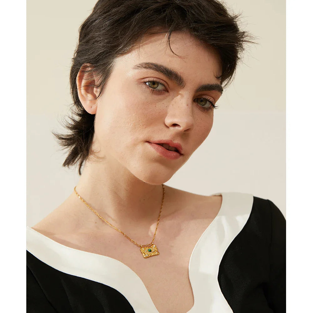 Vintage Fashion Stone Eye Bead Zircon Square Pendant Stainless Steel Luxury Necklace for Women Charm Golden Jewelry Gift