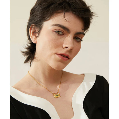 Vintage Fashion Stone Eye Bead Zircon Square Pendant Stainless Steel Luxury Necklace for Women Charm Golden Jewelry Gift