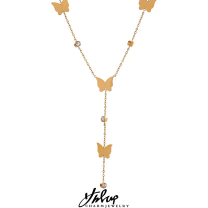 Stylish Chic Temperament Golden Butterfly Delicate Chain Stainless Steel Necklace Waterproof Romantic Zircon Charm Jewelry