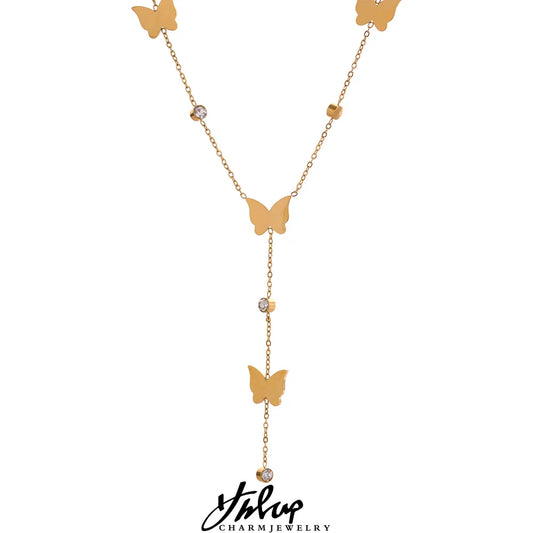 Stylish Chic Temperament Golden Butterfly Delicate Chain Stainless Steel Necklace Waterproof Romantic Zircon Charm Jewelry