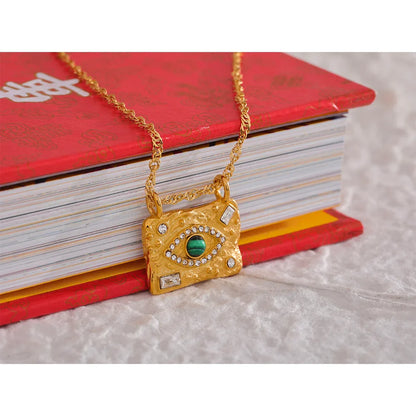 Vintage Fashion Stone Eye Bead Zircon Square Pendant Stainless Steel Luxury Necklace for Women Charm Golden Jewelry Gift