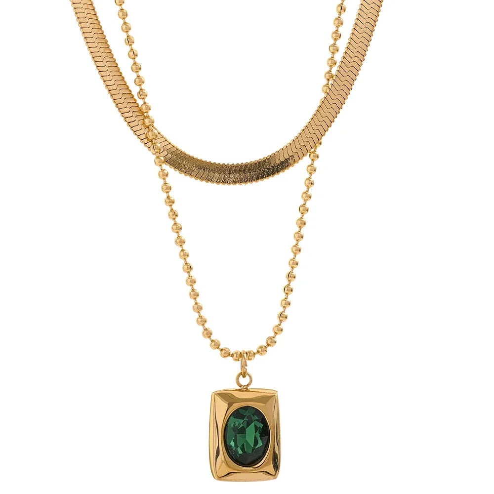 Double Chain Square Pendant Necklace