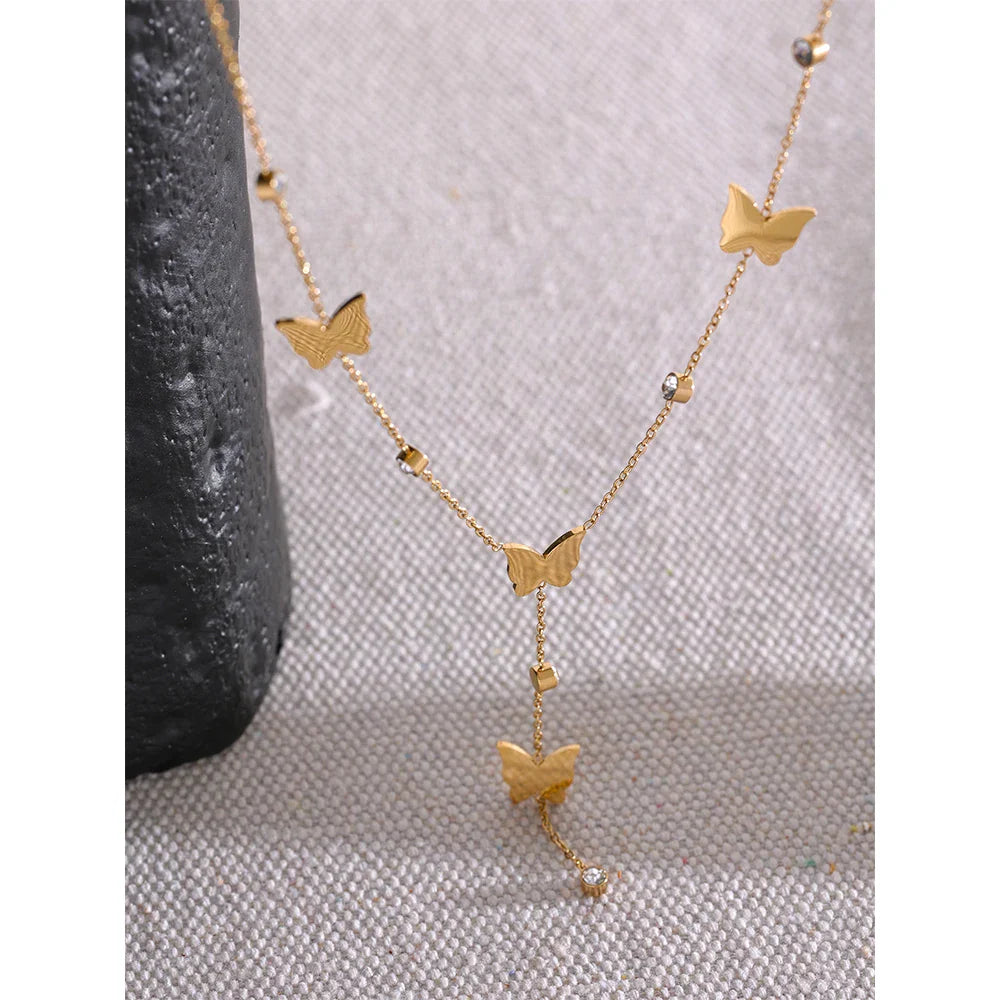 Stylish Chic Temperament Golden Butterfly Delicate Chain Stainless Steel Necklace Waterproof Romantic Zircon Charm Jewelry
