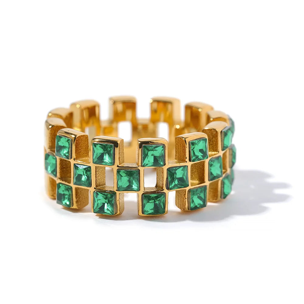Bling Green White Color Cubic Zirconia Grid Hollow Ring