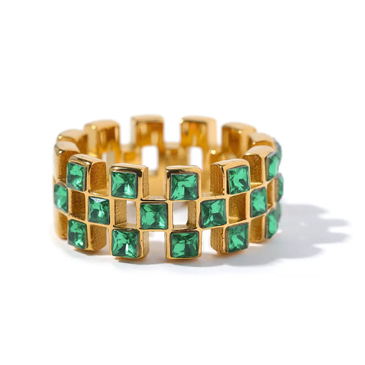 Bling Green White Color Cubic Zirconia Grid Hollow Ring