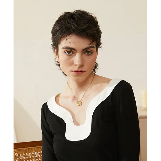 Vintage Fashion Stone Eye Bead Zircon Square Pendant Stainless Steel Luxury Necklace for Women Charm Golden Jewelry Gift