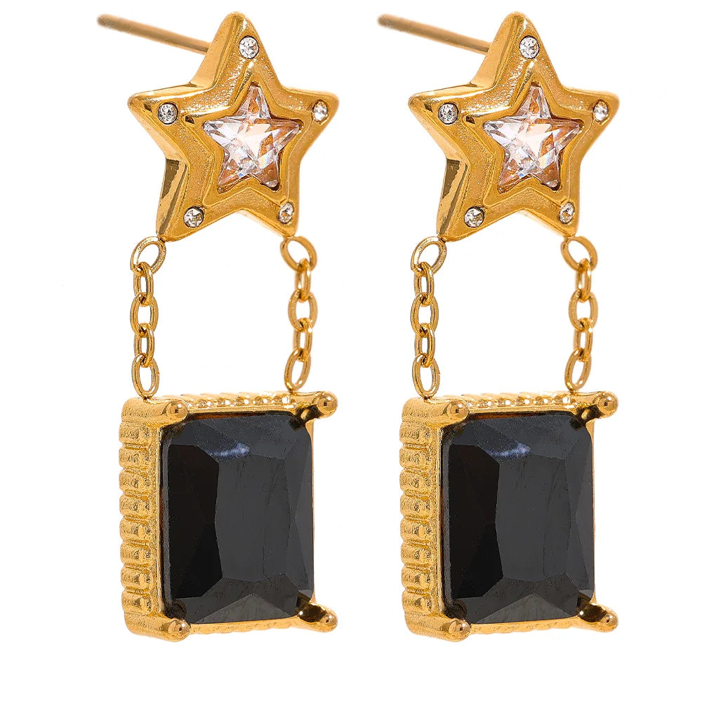 Black Star Square Zircon Drop Earrings