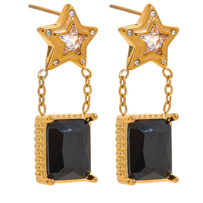 Black Star Square Zircon Drop Earrings