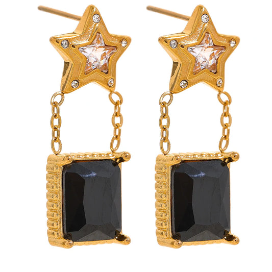 Black Star Square Zircon Drop Earrings