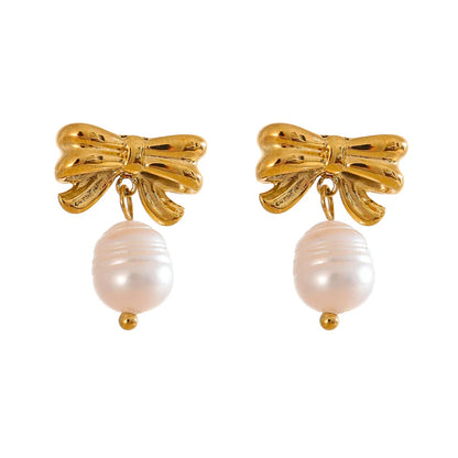 Korean Bow Knot Pearl Drop Earrings
