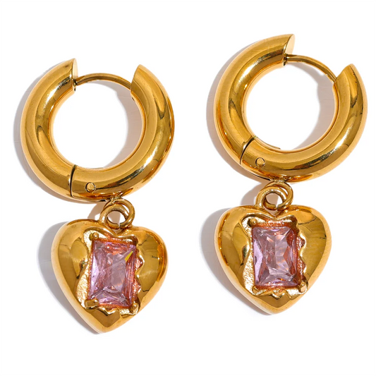 316L Zirconia Heart Drop Hoop Earrings
